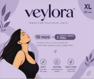 Front of the pack: veylora, made for your real days, 10 pads plus 2 panty liners free.